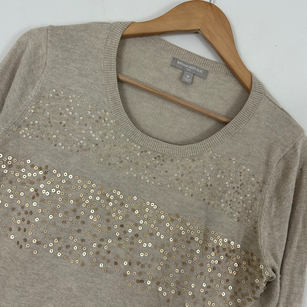 Banana Republic Sweater Oatmeal Beige Cotton Tight Knit Sequin Scoop Neck M Read